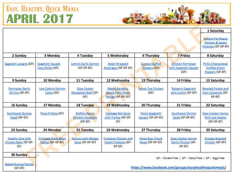 Easy Healthy Quick Monthly Menu Plan
