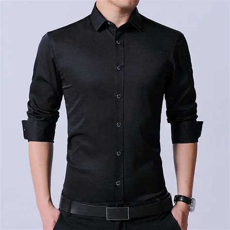 langmeng men s dress shirt brand 2017 mens slim fit solid color black