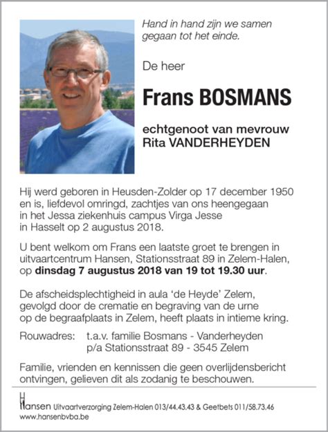 Frans Bosmans † 02082018 Inmemoriam