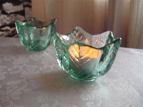 set of 2 pressed green glass candle holders etsy uk glass candle holders green glass