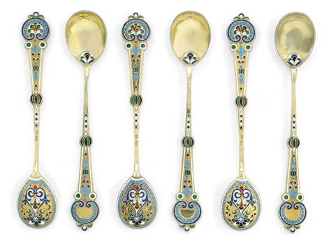 A Set Of Six Russian Silver Gilt And Cloisonne Enamel Spoons Mark Of