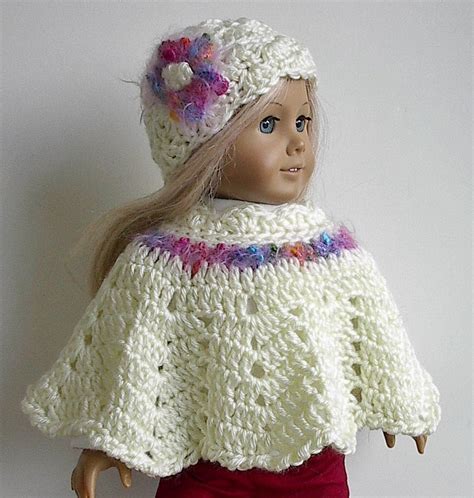 18 Inch Doll Clothes Crocheted Poncho Set In Cream With Multi
