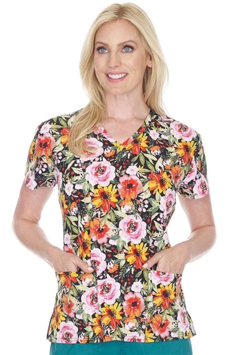 Scrubfinity Performx Ladies V Neck Stretch Top Flower Fall Womens