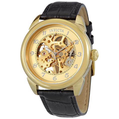 Invicta Specialty Mechanical Gold Dial Black Leather Mens Watch 31306