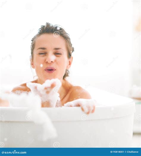Young Woman Playing With Foam In Bathtub Stock Image Image Of Clean