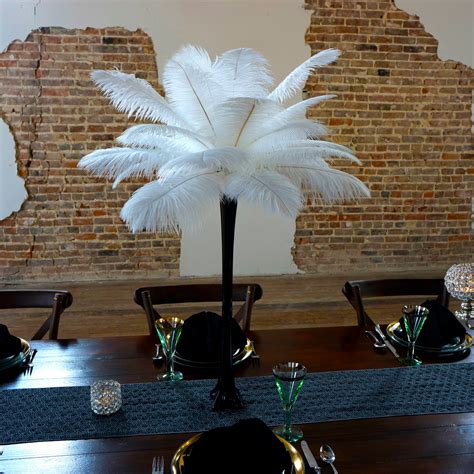 White Ostrich Feather Centerpiece Set With Black Eiffel Tower Vase