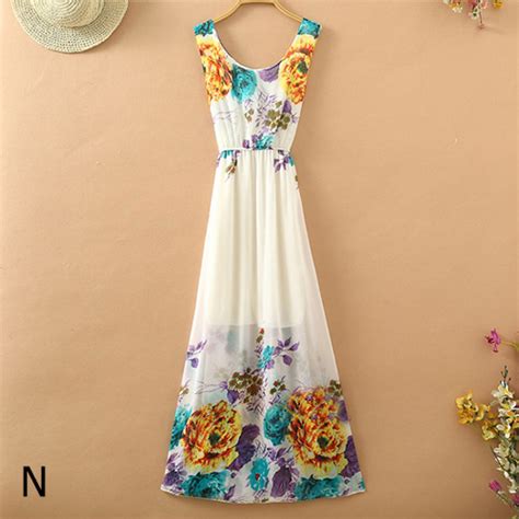 Bohemian Style Sleeveless Round Neck Floral Print Chiffon Maxi Dress