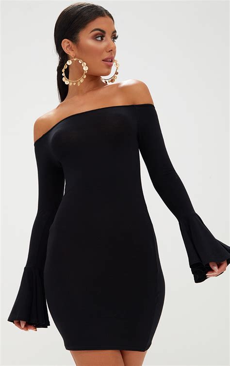 Black Frill Sleeve Bardot Bodycon Dress Prettylittlething