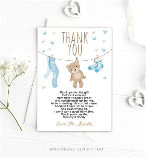 Editable Baby Shower Thank You Card Teddy Bear Thank You Note Etsy