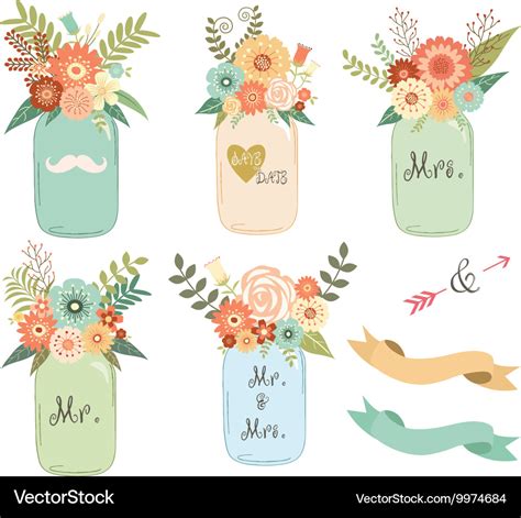 Mason Jar Wedding Flower Collections Royalty Free Vector