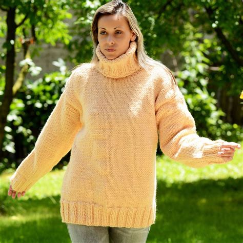 New Peach Color Hand Knitted 100 Wool Sweater Turtleneck Pullover