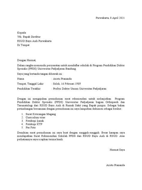 Surat Permohonan Rekomendasi Ppds Ortho Rsud Pdf