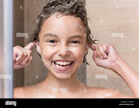 Girl Bathing Under Shower Stock Photo Alamy