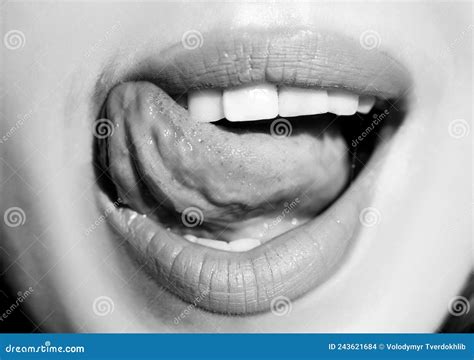 Lips Closeup Sensual Open Mouth With Licking Tongue Seductive Lip Makeup Stock Photo Image