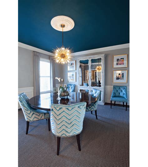 Dining Room In The Tones Of Turquoise The Bold Blue Ceiling Is