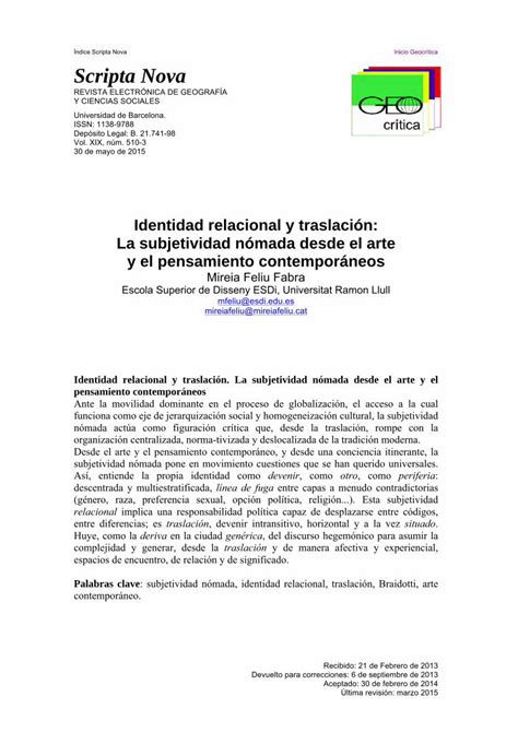 PDF Identidad relacional y traslación La subjetividad nómada Desde el arte y el