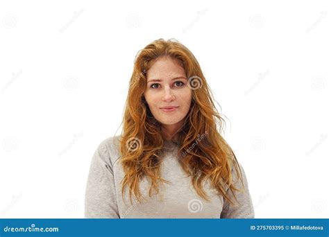 Lovely Redhead Model Woman With Long Wavy Hairstyle Portrait Stock