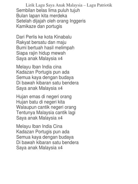 Lirik Lagu Saya Anak Malaysia Lirik Lagu Saya Anak Malaysia Lagu