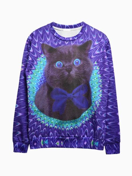Cat Print Purple Sweatshirt Round Neck Sweatshirts Cat Sweaters Cat