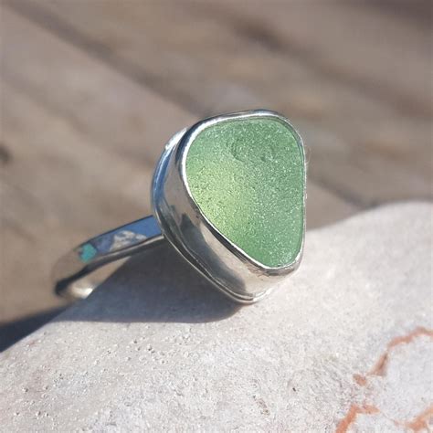 Handmade Silver And Pale Green Seaglass Ring Size M 12 Sterling