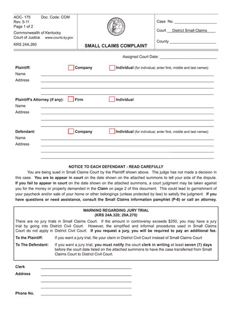 Small Claims Court Kentucky Fill Online Printable Fillable Blank