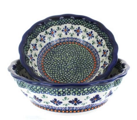 Blue Rose Polish Pottery Mosaic Flower Scallop Serving Bowl Set 1 Kroger