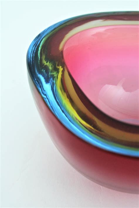 Flavio Poli Seguso Murano Pink Blue Yellow Sommerso Art Glass Bowl For