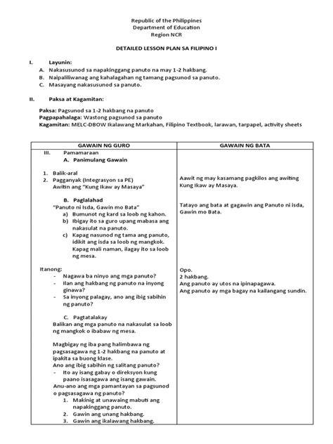 filipino cot detailed lesson plan pdf