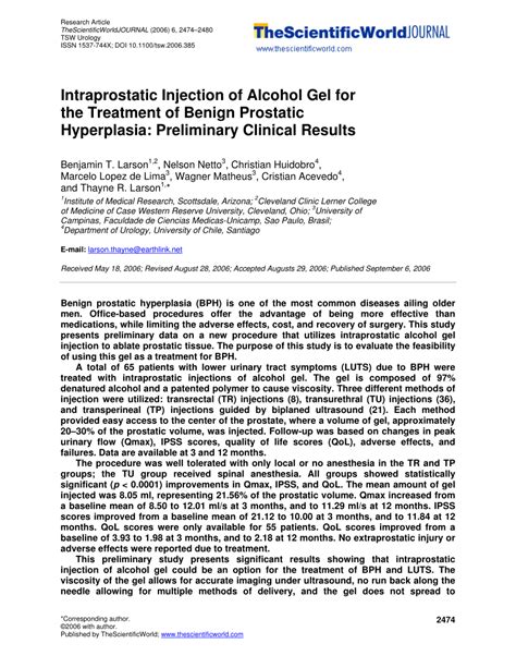 Pdf Intraprostatic Injection Of Alcohol Gel For The Treatment Of