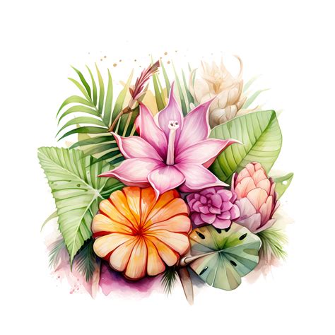 Hawaiian Flowers Watercolor Drawing Clipart Bundle Tropical Paradise Pngs Clipart Tropical
