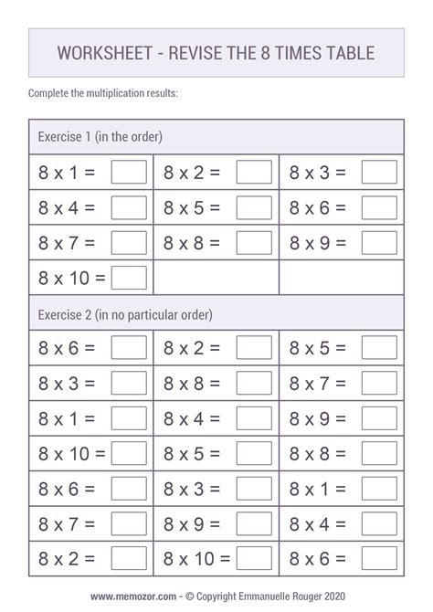 Worksheet To Print Revise The 8 Times Table Memozor