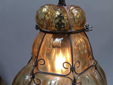 Vintage Handblown Seguso Murano Amber Glass Cage Pendant Light For Sale