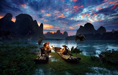 Men Nature River Birds Asian Mountain China Wallpapers Hd