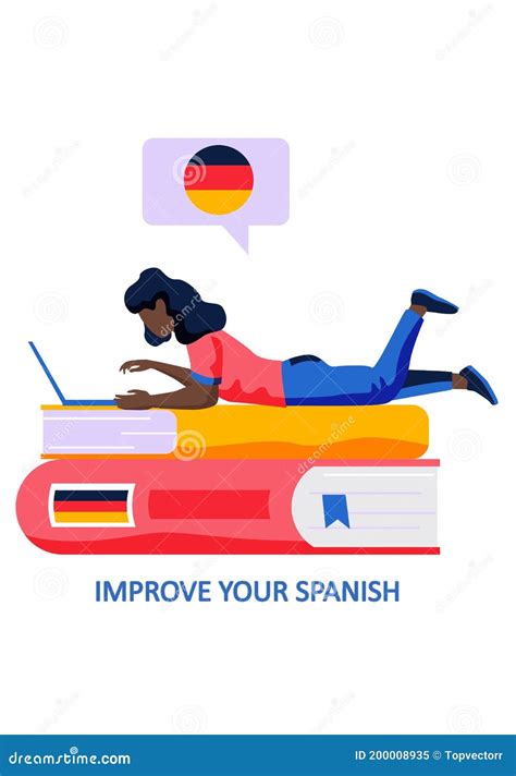 German Language Courses Illustration With German Word Flag And A Woman With Laptop On The Books