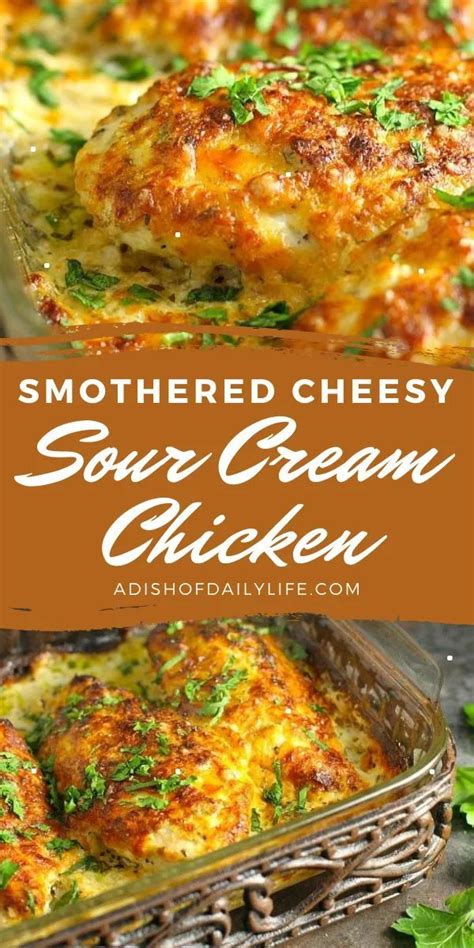 Spread the sour cream over the top of the chicken breasts. Smothered Cheesy Sour Cream Chicken | Recipe | Chicken ...