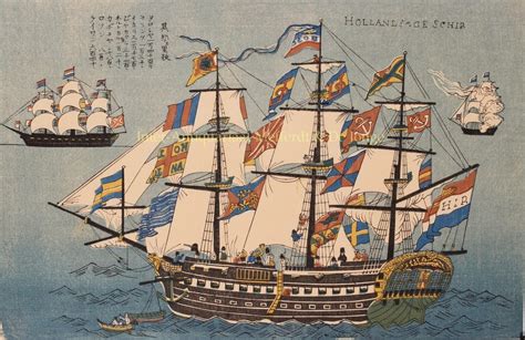 Rare Woodcut Dutch Merchant Ship Japan Dejima Yokohama Edo Period