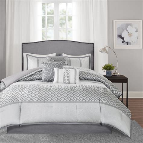Beautiful Grey Charcoal Silver Geometric Comforter 7 Pcs Set Cal King