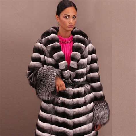 Luxury Womens Real Chinchilla Rex Rabbit Fur Coat Winter Warm Luxury
