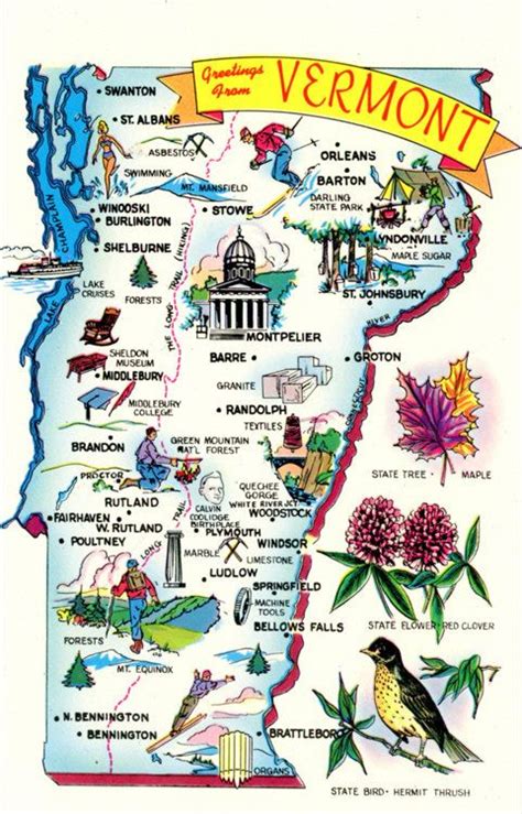 Vermont State Map Vintage Chrome Greetings Postcard 500