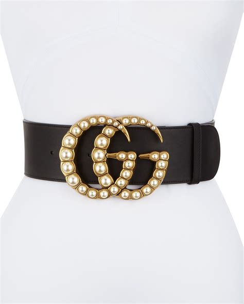 Gucci Wide Leather Belt W Pearlescent Beads Blackcream Wide