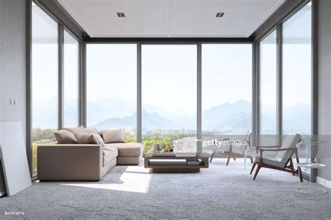 Modern Minimalist Living Room With Panoramic Ocean View High Res Stock