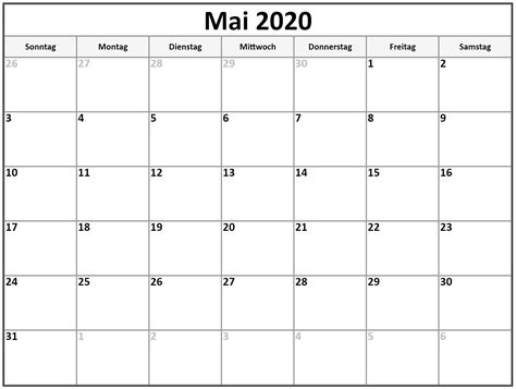 Druckbare Mai 2020 Kalender Zum Ausdrucken Pdf Excel Word