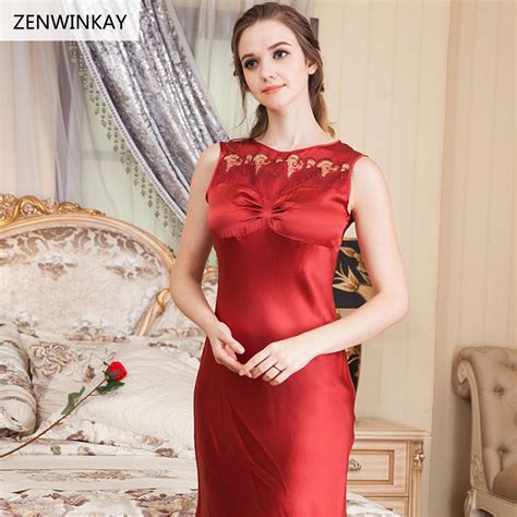 2017 Summer Femme Sleeveless O Neck Red 100 Real Silk Nightgowns Women Sleepwear Sexy Nightwear
