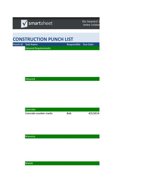Excel Construction Project Management Templates Construction Punchlist