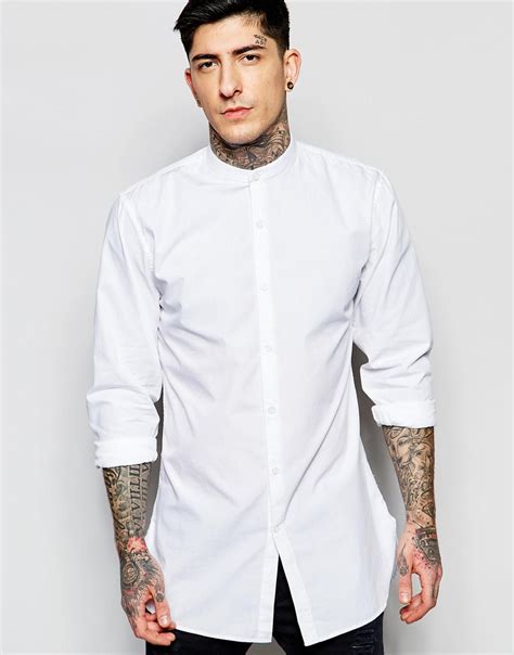 Lyst Lindbergh Longline Shirt With Grandad Collar In White Slim Fit