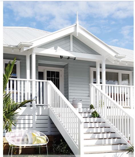 Love The Blue Grey Weatherboard White Railings Verandah Coastal Exterior Beach House Style