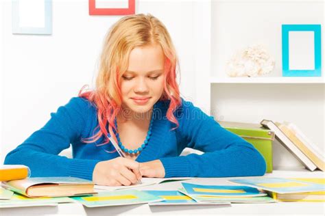 Clever Beautiful Teen Girl Do Homework At Homw Stock Photo Image Of