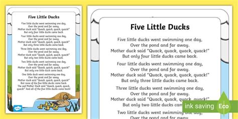 Five Little Ducks Nursery Rhyme Lyrics Poster Twinkl