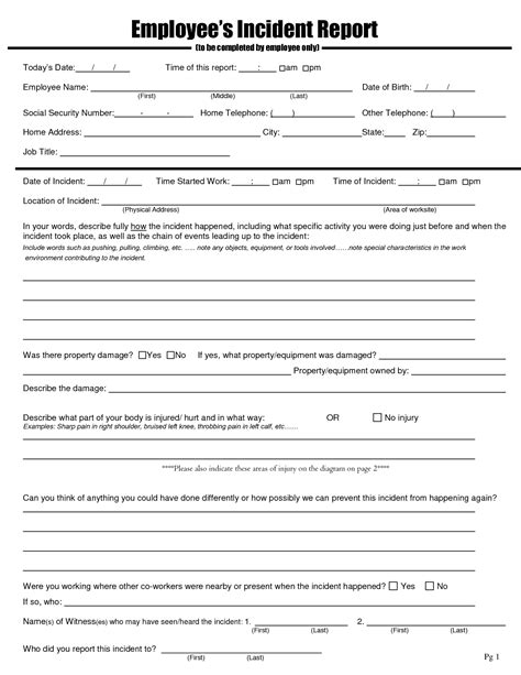 Employee Injury Report Form Template Charlotte Clergy