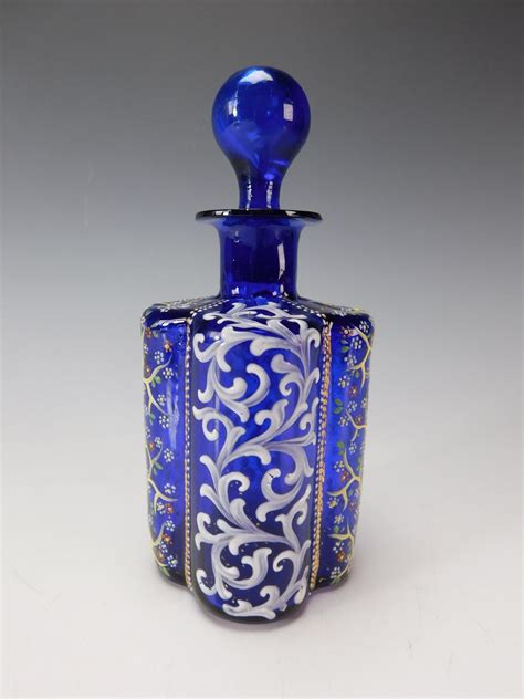 Antique Moser Cobalt Blue Enameled Lobed Glass Perfume Scent Bottle Perfume Bottle Art